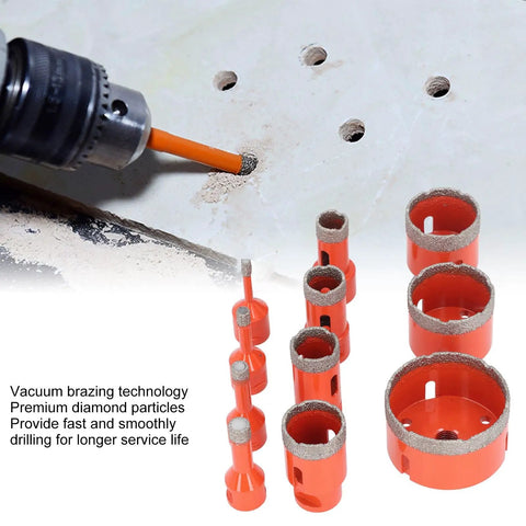 Get Your 11 Piece Diamond Hole Saw Kit For Ceramic Tile Marble Granite And Hard Stone Cutting With M14 Thread And Hex Shank Adapter Featuring Cool Wax For Fast Cooling And Chip Holes In 6 To 68mm Sizes That Rock Any DIY Or Pro Project Without Hassle. Diamond hole saw set drilling tile with multiple orange sizes
