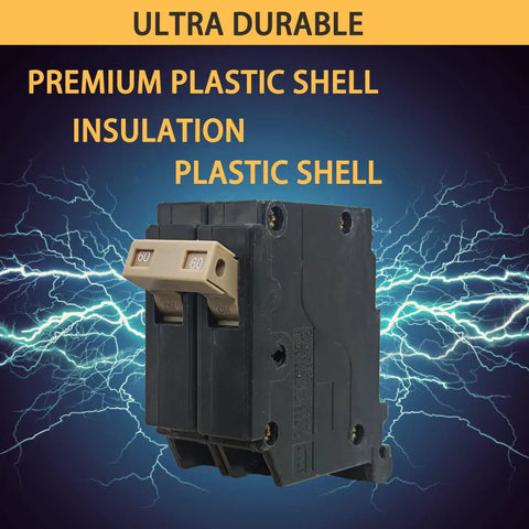 60 Amp Two Pole Plug In Molded Case Circuit Breaker Three Quarter Inch Pro Grade Heavy Duty, Thermal Magnetic Trip