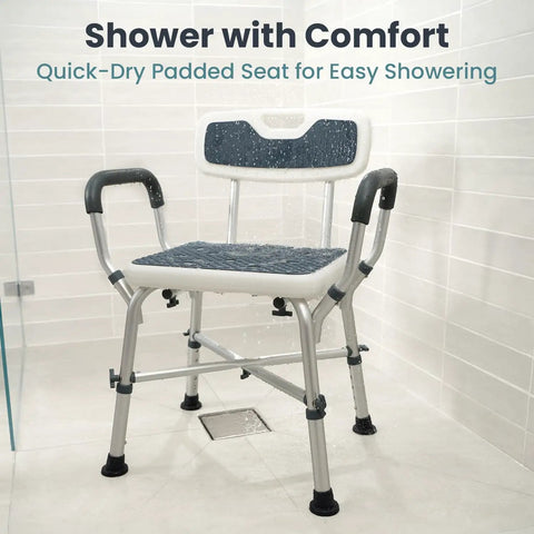 Heavy Duty Shower Chair For Elderly And Disabled With Padded Armrests And Back Adjustable Height Bath Seat Built Tough Non Skid Base Solid Grip Zero Worries Everyday Bathroom Safety Blue, quick-dry padded seat, in a shower.