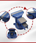 4 Inch Bench Vise With Solid Anvil And 360 Degree Swivel Locking Base shown with clamping jaws, anvil, and swivel mechanism details