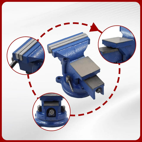 4 Inch Bench Vise With Solid Anvil And 360 Degree Swivel Locking Base shown with clamping jaws, anvil, and swivel mechanism details