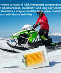 Gas inline fuel filter with magnet and clip, durable ABS material, shown with snowmobile in background.