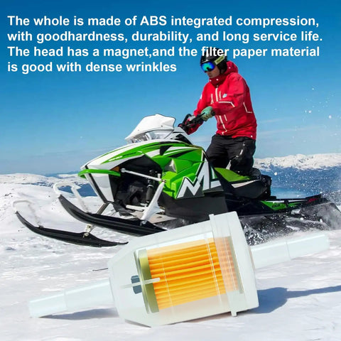 Gas inline fuel filter with magnet and clip, durable ABS material, shown with snowmobile in background.