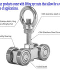 Four Wheel Silent Bearing Trolley Assembly with lifting eye nuts, 304 stainless steel, quality bearings, for 1-5/8" wide Unistrut strut channel.