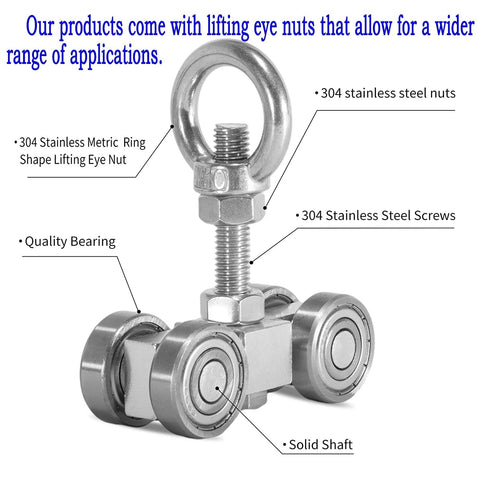 Four Bearing Trolley Assembly With Four Silent Wheels For 1-5/8 Inch Wide And Taller Unistrut Channel, Includes M10 Bolt And Lifting Eye Nuts