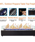 28 Inch Tabletop Propane Fire Pit With 40,000 BTU, features glass rocks, stainless burner, wind glass shield, and electric igniter