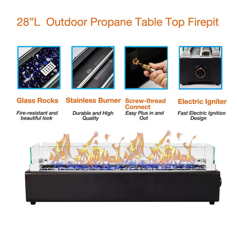 28 Inch Tabletop Propane Fire Pit With 40,000 BTU, features glass rocks, stainless burner, wind glass shield, and electric igniter