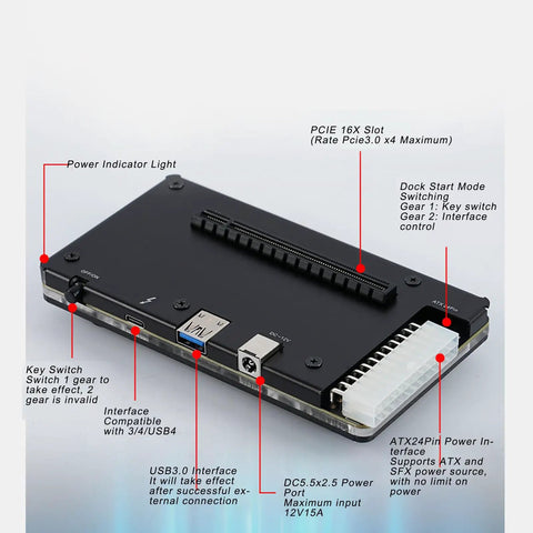 External Pcie 16x Graphics Card Expansion Dock back view with power ports, USB interfaces, and PCIe slot