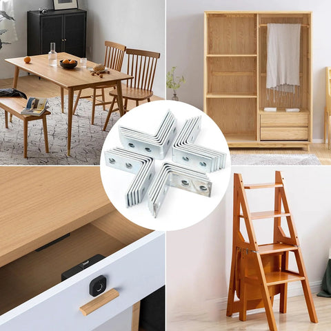Collage showing applications of 10 Pack Right Angle Corner Brackets For Furniture And Cabinets, Iron Joint Fasteners in home and office