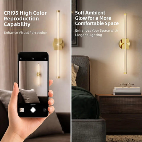 Image showing JTsupliight Wall Sconces Set of Two, 22.17" Rechargeable Wall Lights, Gold illuminating a cozy bedroom.