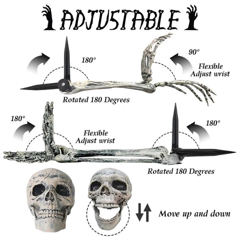 Halloween Skeleton Stakes Pack Of 5 Realistic Skull Arm And Leg Yard Props showing adjustable positions and skull details.