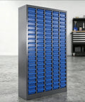 Beefy Heavy Duty 100 Drawer Nut And Bolt Organizer Cabinet with Dividers and Labels, blue drawers, steel frame in a garage