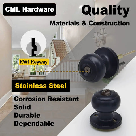 Illustration of Matte Black Entry Door Knobs 4 Pack with Keyed Different Locks and stainless steel features