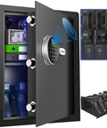 Fingerprint Safe Box For Home And Office With Fast Biometric Access And PIN Code Backup, open showing handgun and cash storage compartments.