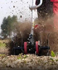 Nine Teeth Disc Harrow For Grass Mower Tiller Scarifier Attachments in action, tilling soil with aluminum alloy disc wheels