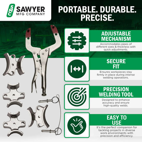 Sawyer Welders 3rd Hand pipe welding clamp and alignment tool for butt welds; adjustable, lightweight metal.