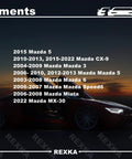 Fitment guide for Drop-In Replacement Kit including Mazda Miata, RX-8, CX-9, Mazda 3, 5, 6, and MazdaSpeed6 models