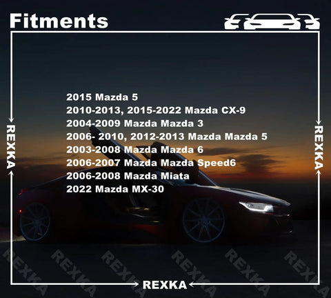 Fitment guide for Drop-In Replacement Kit including Mazda Miata, RX-8, CX-9, Mazda 3, 5, 6, and MazdaSpeed6 models