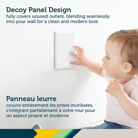 Child reaching towards OutSmart Outlet Shield 2 Pack With Paintable Decoy Panels For Unused Outlets Easy No Tools Install Kidproof Safety.