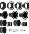 Hassle Free Magnetic Dust Collection Quick Connect Fitting System For Shop Vacuums And Woodworking Machinery With Four And Two Point Five Inch Rare Earth Adapter Kit showing multiple adapters and clamps.