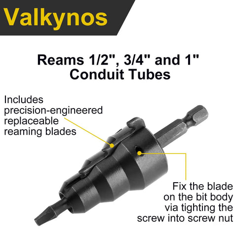 Valkynos conduit reamer with replaceable blades; metal tool for 1/2-in, 3/4-in, and 1-in conduit tubes