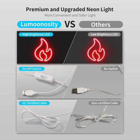 Comparison of Lit Red Flame Neon Sign USB Powered With On Off Switch Dope Neon Light and generic LED, highlighting features like brightness, switch, and cable quality.