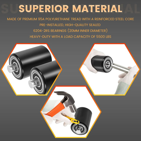 Front Load Wheel Replacement Kit For Pallet Jacks Universal Fit For PTH50 Style And Most Standard Jacks Pro Grade Heavy Duty Replacement Wheels Easy Install Ideal For Warehouses Docks Shops And Retail Spaces, showing polyurethane wheels with bearings and tools