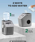Countertop Ice Maker That Cranks Out 44 Lbs A Day With Dual Water Inlets and Crystal Clear Ice Cubes shown with water bottle and pouring jug