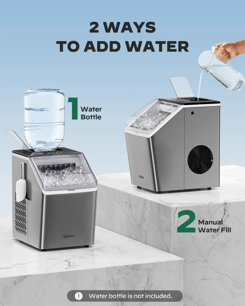 Countertop Ice Maker That Cranks Out 44 Lbs A Day With Dual Water Inlets and Crystal Clear Ice Cubes shown with water bottle and pouring jug