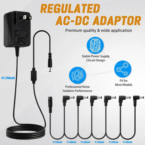 6 Way Daisy Chain Guitar Pedal Power Supply For Pedalboard 9V DC 1A Output With Noise Isolation And 9W Rating, AC Adapter.