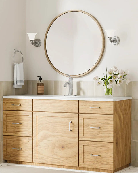 Brushed Nickel Bathroom Faucet With Single Handle For One Hole Vanity Sink Satin Finish, on wooden bathroom vanity.