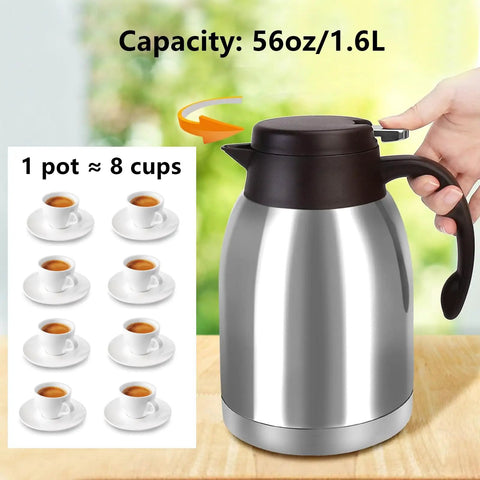 54oz Stainless Steel Thermal Coffee Carafe Dispenser No Spill With Unbreakable Double Wall Vacuum Insulation next to cup diagram
