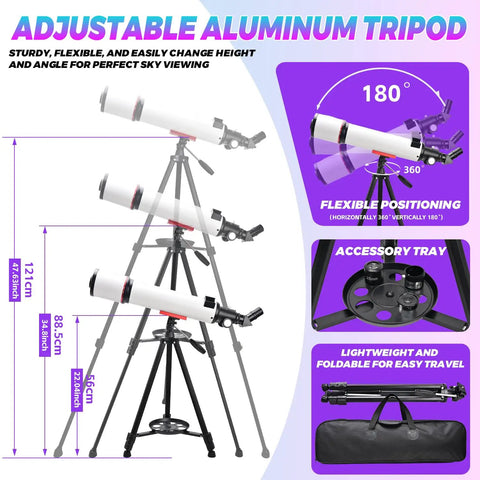 Beginner Friendly 90mm Refractor Telescope For Adults With 700mm Focal Length on adjustable aluminum tripod