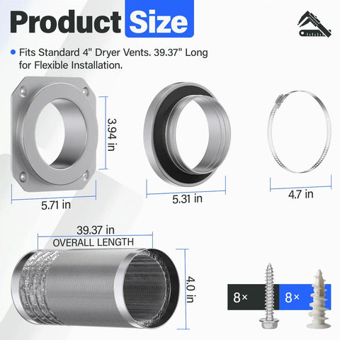 Parts diagram for Magnetic Dryer Vent Connector Kit MV 180 For 4 Inch Tight Spaces with measurements and components displayed.