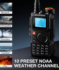 Tri Band Ham Radio 5W Two Way Kit With 2600mAh Type C Battery UHF VHF NOAA FM Airband 1.25M showing NOAA channels display