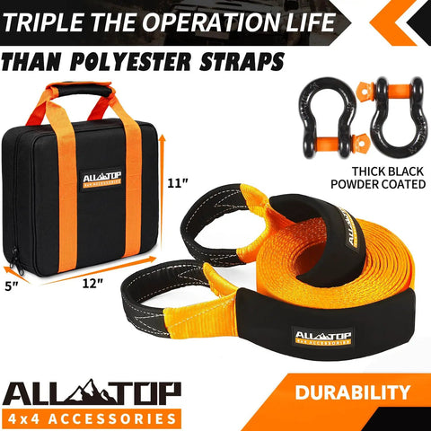 Heavy Duty Tow Strap Recovery Kit 3 Inch Wide By 20 Feet Long 100 Percent Nylon Snatch Strap With 22 Percent Elongation And 35000 Pound Breaking Strength Includes Two Heavy Duty D Ring Shackles Plus Storage Bag For Vehicle Offroad Use.