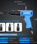 Pneumatic Rivet Nut Gun Kit With Eleven Mandrels One Quarter Inch Five Sixteenths Inch Three Eighths Inch Pro Grade Air