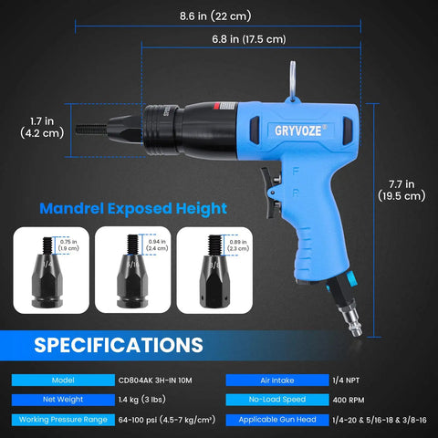 Pneumatic Rivet Nut Gun Kit With Eleven Mandrels One Quarter Inch Five Sixteenths Inch Three Eighths Inch Pro Grade Air