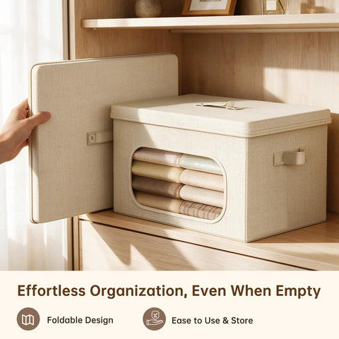 Large Cotton Linen Storage Bins With Lids 2 Pack Closet Organizer Keep Your Room Chill And Tidy showing a beige bin with clear front window in a wooden shelf.