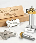Pro Level Carbide Engraving Tip Plus Drive Housing Compatible With Maker 3 For Slick Etching On Glass Metal And Acrylic Hella Tough Go To Kit For Crisp Custom Crafts And Bold Monograms with custom engraved metal tags and a wood sign.