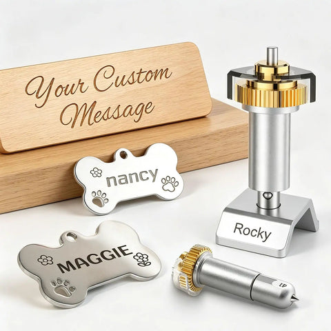 Pro Level Carbide Engraving Tip Plus Drive Housing Compatible With Maker 3 For Slick Etching On Glass Metal And Acrylic Hella Tough Go To Kit For Crisp Custom Crafts And Bold Monograms with custom engraved metal tags and a wood sign.