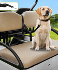 Universal Golf Cart Dog Leash And Pet Safety Harness With Quick Snap Backrest Clip keeping a dog secured on a golf cart seat.