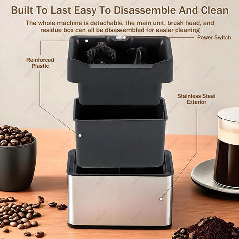 Cut Through Stubborn Coffee Grit Like Butter With This Easy Going Electric Portafilter Cleaner showing detachable components and a stainless steel exterior.