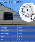 White Attic Fan Replacement Motor Kit For Lomanco 2000 Series with F0510B2944 Power Unit, nylon locking nuts, shown installed and specifications displayed.