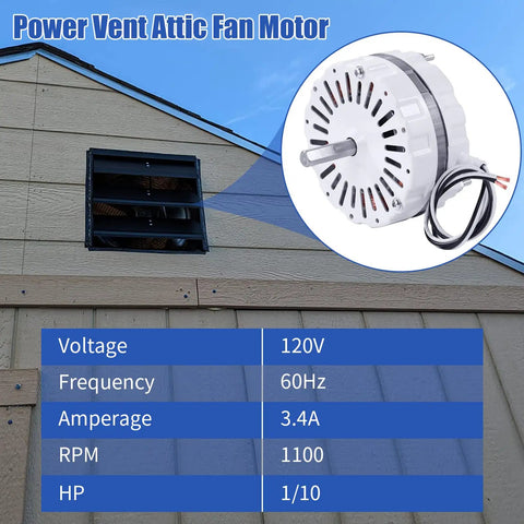 White Attic Fan Replacement Motor Kit For Lomanco 2000 Series with F0510B2944 Power Unit, nylon locking nuts, shown installed and specifications displayed.