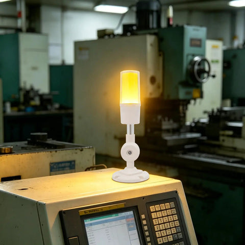 Plug And Play USB 3 Color Stack Signal Tower Light With Buzzer For Industrial Control And Remote Status Alerts, 5V USB Powered, PC Compatible Indicator For Machinery, Automation, And Factory Monitoring, yellow-lit on CNC machine