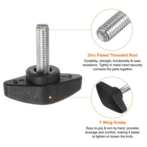 Four Pack Tee Wing Thumb Screws M6 X 20mm Standard Male Thread Black T Handle Knobs with zinc-plated stud for durable grip.