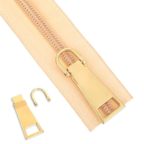 Six Piece Gold Zipper Pull Replacement Set In Gold Zinc Alloy For Luggage Backpacks Jackets Suitcases And Coats With Three Sizes for Quick Repairs shown installed on zipper
