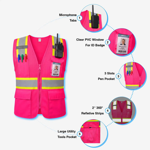 Top Level High Visibility Safety Vest With Bold Reflective Strips And Plenty Of Gear Pockets For Daily Grind featuring pen pockets and ID window.