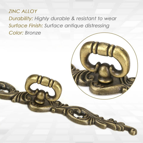 Close-up of vintage bronze long drawer pulls, 200mm length, showing zinc alloy finish, part of old school 4 pack design.